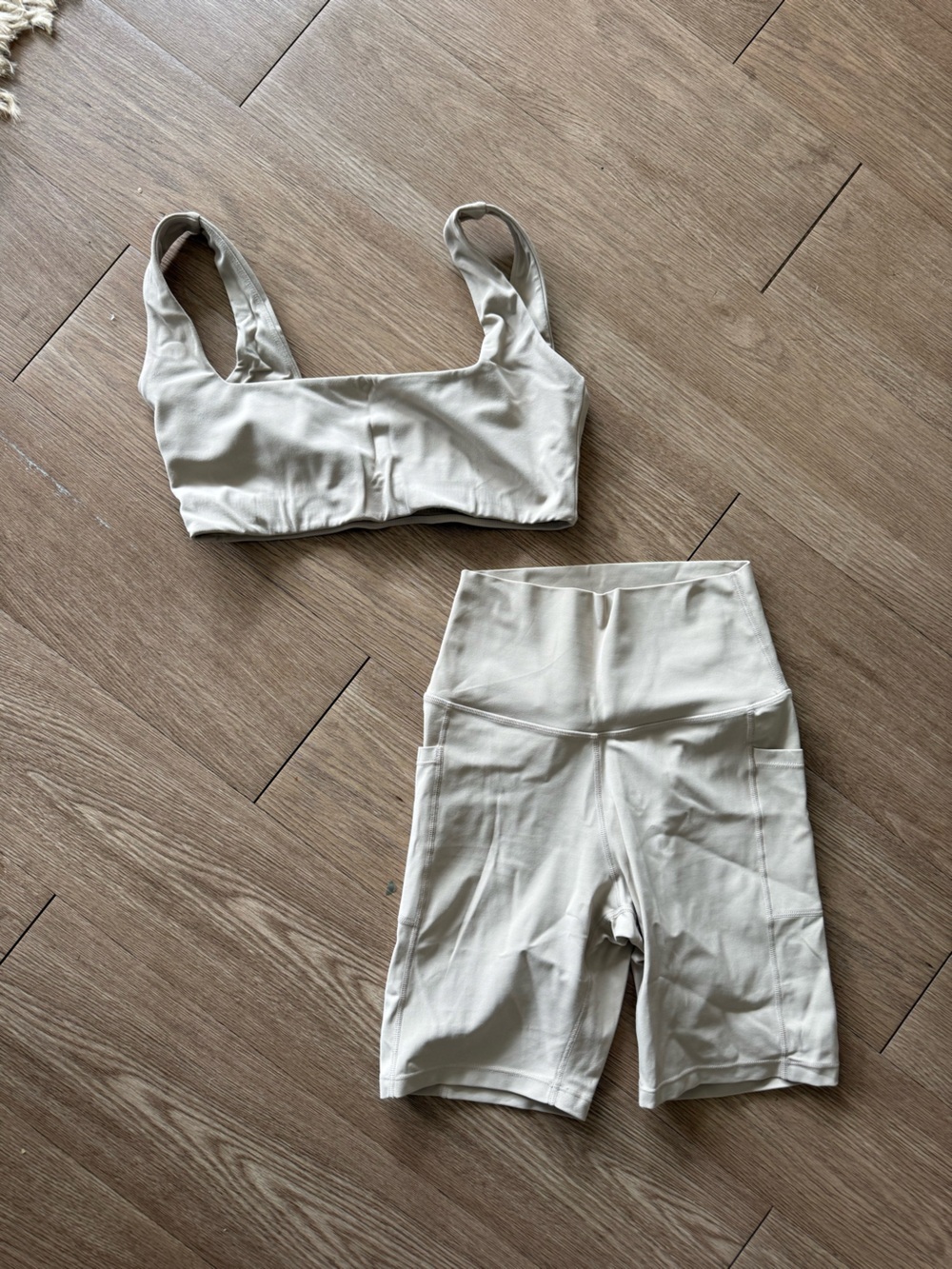 Free People Movement Cream/Tan High-Waist Biker Shorts with Matching Sports Bra